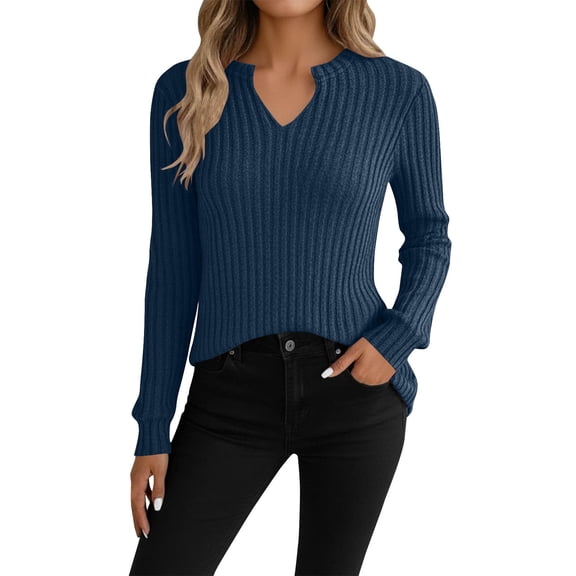 BUIGTTKLOP Sweaters for Women Long Sleeve Knit Tops Casual V Neck Slim Fitted Pullover Tops Knitwear