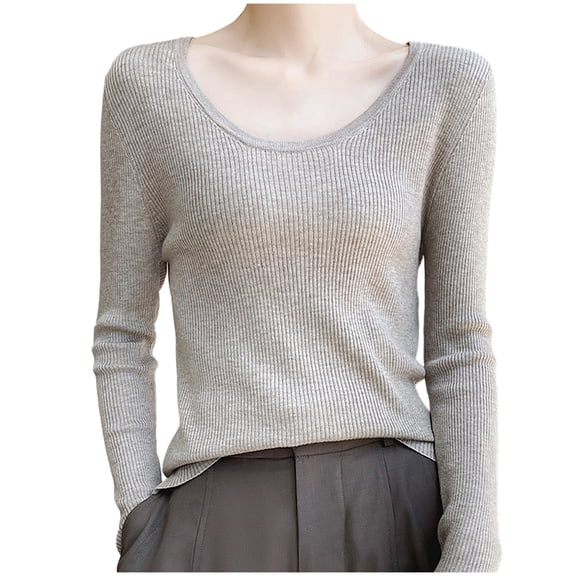 BUIGTTKLOP Sweaters for Women Long Sleeve Top Crewneck Pullover Knit Top Stretchy Slim Fitted Ribbed Blouses