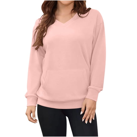 BUIGTTKLOP Sweatshirts for Women Long Sleeve Hoodeless Top Casual V Neck Pullover Tops with Pockets Solid Color