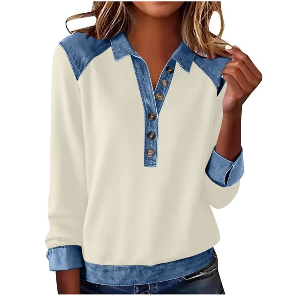 BUIGTTKLOP Sweatshirts for Women Long Sleeve Shirts Denim Patchwork Collared Button up Pullover Tops Loose Fitted