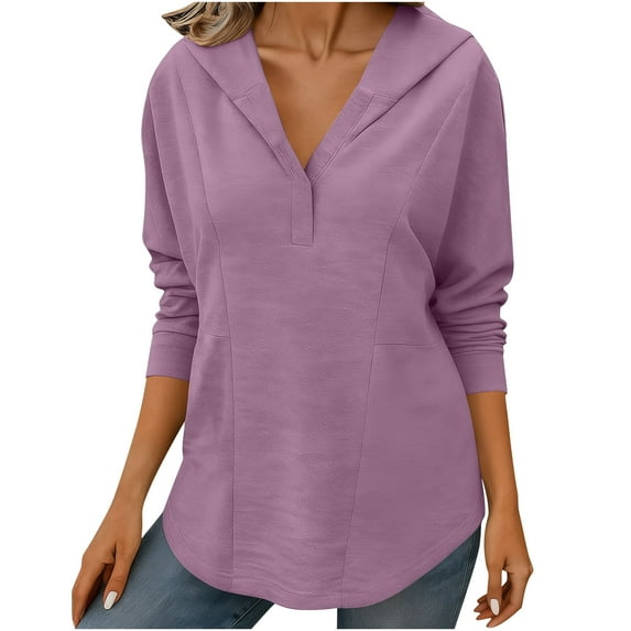 BUIGTTKLOP Sweatshirts for Women Long Sleeve Shirts Drawstring V Neck Hooded Top Loose Fitted Blouses
