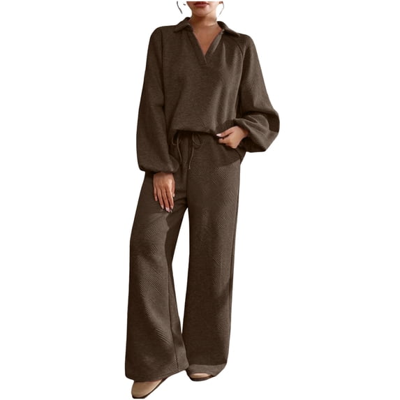 BUIGTTKLOP Sweatsuits Women 2 Piece Outfit Long Sleeve V Neck Sweatshirts Drawstring Wide Leg Pants Matching Lounge Sets