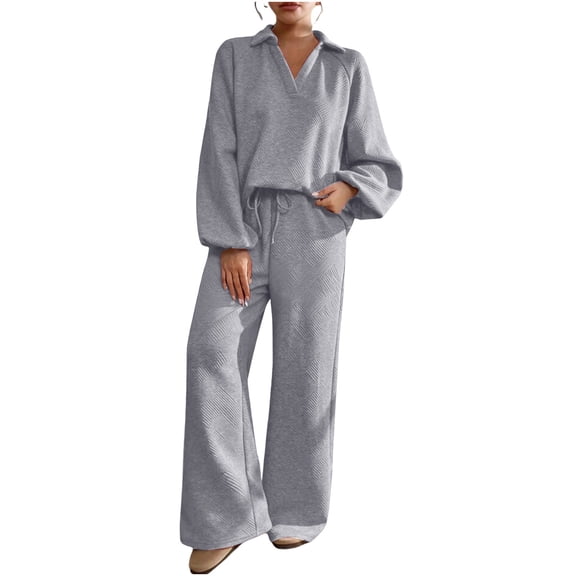 BUIGTTKLOP Sweatsuits Women 2 Piece Outfit Long Sleeve V Neck Sweatshirts Drawstring Wide Leg Pants Matching Lounge Sets