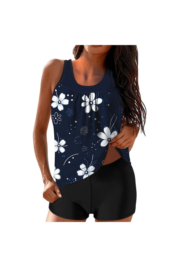 Swimwear Beachwear Women Plus Size Print Strappy Back Tankini Set Two Piece Swimdress Panty Bathing Suit