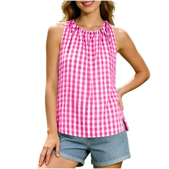 BUIGTTKLOP Tank Tops for Women Plaid Sleeveless Tops Crewneck Side Split Loose Fitted Going out Tops