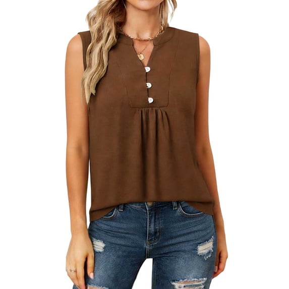 BUIGTTKLOP Tank Tops for Women Sleeveless Shirts Button up V Neck Dressy Casual Blouses Pleated Tunic Tops
