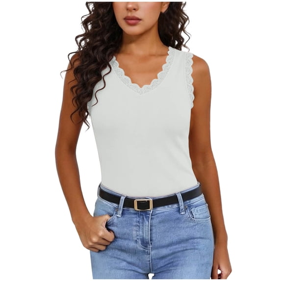BUIGTTKLOP Tank Tops for Women Summer Ribbed Knit V Neck Lace Trim Tanks Sleeveless Casual Going Out Cami Shirts 2026