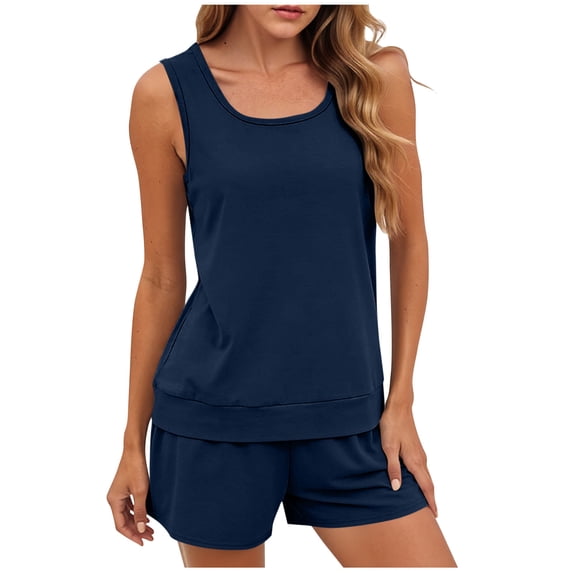 BUIGTTKLOP Two Piece Sets for Women Scoop Neck Sleeveless Tank Tops Wide Leg Shorts 2 Piece Summer Outfits