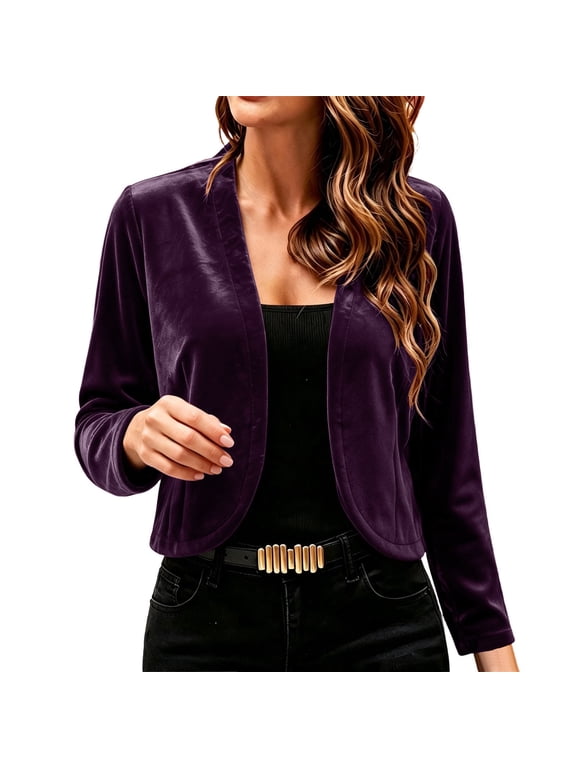 Velour Cropped Cardigans for Women Open Front Jacket Long Sleeve V Neck Casual Shrug Outerwear Fall Outfits