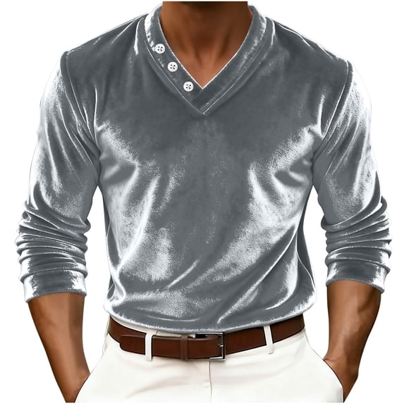 BUIGTTKLOP Velour Tops for Men Long Sleeve Shirts Casual V Neck Vintage Tops Loose Fitted Party Club Outfits