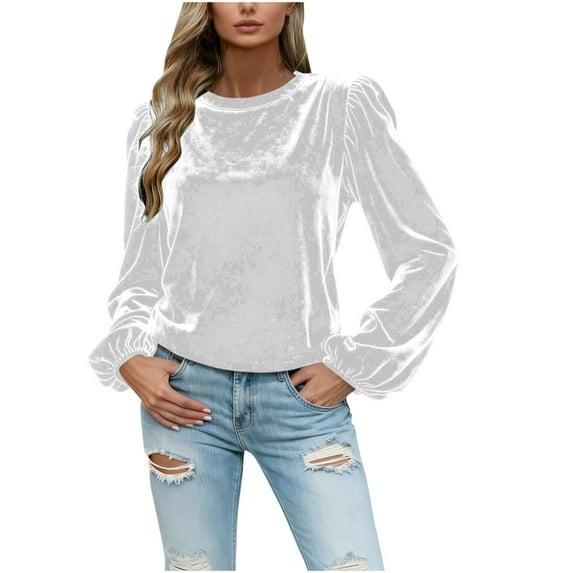 BUIGTTKLOP Velour Tops for Women Puff Long Sleeve Shirts Crewneck Going out Tops Loose Fitted Party Blouses 2026