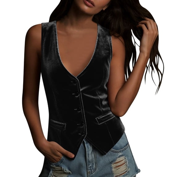 BUIGTTKLOP Vintage Velvet Vest for Women V Neck Cropped Sleeveless Casual Tops Jacket Waistcoat with Pockets