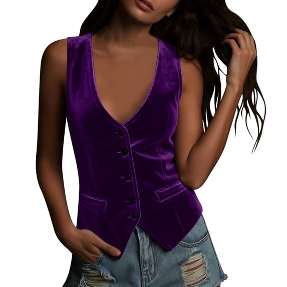 BUIGTTKLOP Vintage Velvet Vest for Women V Neck Cropped Sleeveless Casual Tops Jacket Waistcoat with Pockets