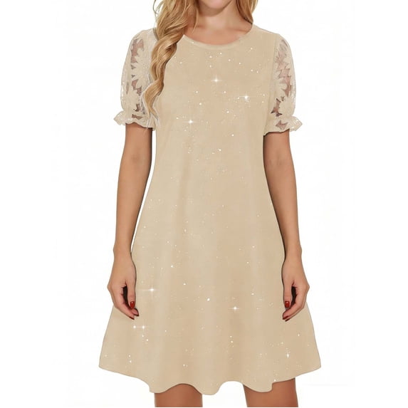 BUIGTTKLOP Wedding Guest Dresses for Women Mesh Puff Short Sleeve Mini Dresses Crewneck A Line Pleated Lace Cocktail Dresses