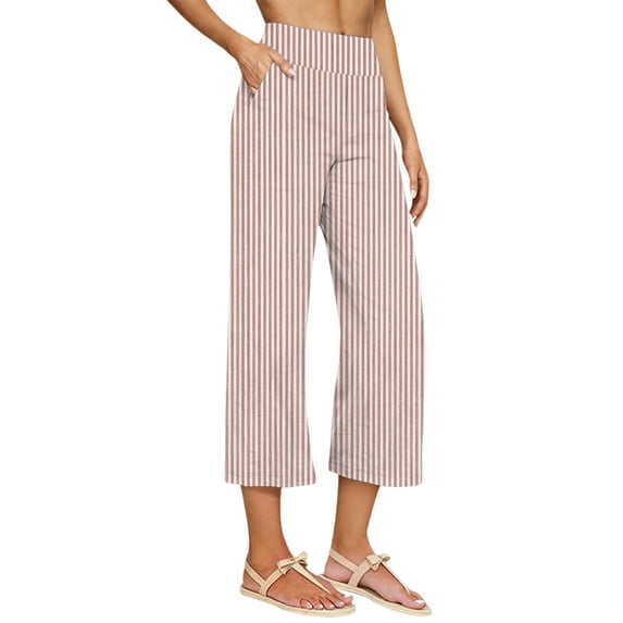 BUIGTTKLOP Wide Leg Cotton Linen Shorts for Women High Waisted Pull on Striped Lounge Shorts with Pockets