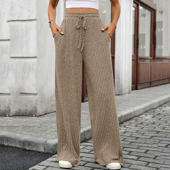 BUIGTTKLOP Wide Leg Pants for Women Casual Comfy Ribbed Pants Loose Soft Knit Pjs Pants with Drawstring