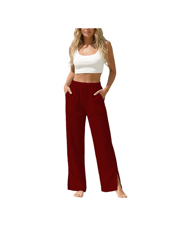 Wide Leg Pants for Women Drawstring High Waisted Lounge Pants Side Split Wide Leg Pallzzo Trousers