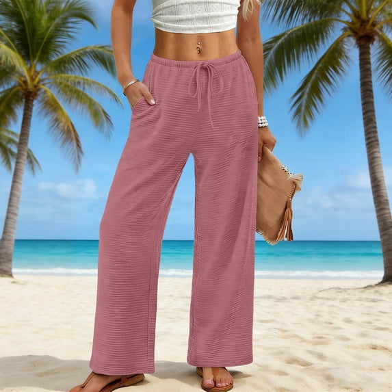 BUIGTTKLOP Wide Leg Pants for Women Flowy Palazzo Drawstring Elastic Waist Pant Summer Beach Trousers with Pockets