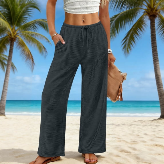BUIGTTKLOP Wide Leg Pants for Women Flowy Palazzo Drawstring Elastic Waist Pant Summer Beach Trousers with Pockets