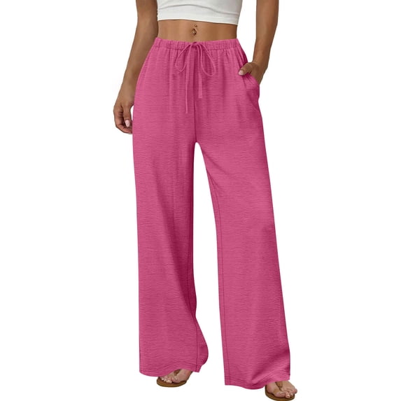 BUIGTTKLOP Wide Leg Pants for Women Flowy Palazzo Drawstring Elastic Waist Trousers with Pockets Summer Beach Vacation Clothes