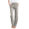 thumbnail image 1 of BUIGTTKLOP Women Casual Cotton and Linen Solid Drawstring Elastic Waist Long Straight Pants, 1 of 7