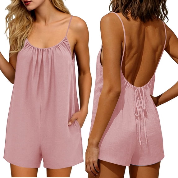 BUIGTTKLOP Women Casual Jumpsuits Summer Sleeveless Romper Shoulder Strap Loose Adjustable Stretchy Shorts Rompers with Pockets