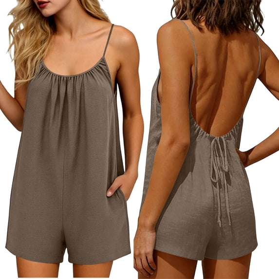 BUIGTTKLOP Women Casual Jumpsuits Summer Sleeveless Romper Shoulder Strap Loose Adjustable Stretchy Shorts Rompers with Pockets
