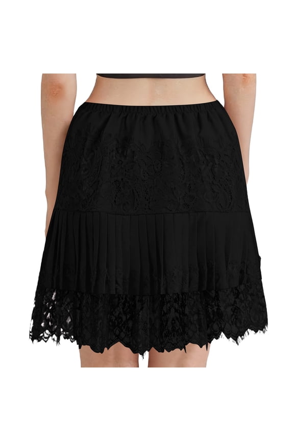 Women Lace Slip Skirt Low Rise Layered Pleated Ruffle Flowy Skirt Mesh Mini Underskirt