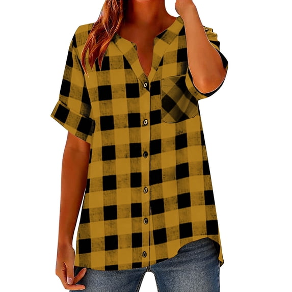BUIGTTKLOP Women Loose Casual Linen Short Sleeved Tops Button-up Shirt