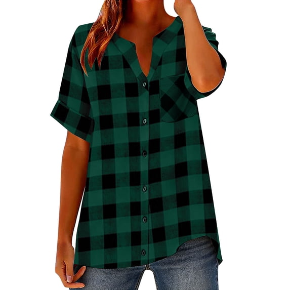 BUIGTTKLOP Women Loose Casual Linen Short Sleeved Tops Button-up Shirt