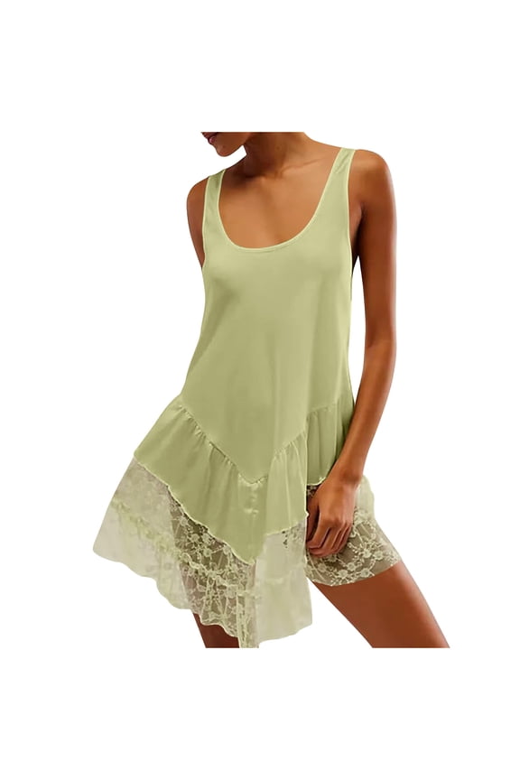 Women Mini Dress Lace Flowy Short Tank Dress Backless Ruffle Spaghetti Strap Sleeveless Slip Under Dress