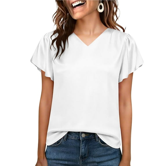 BUIGTTKLOP Women Silk Satin Tops Cap Short Sleeve Blouse V Neck Shirts Business Casual Outfits S-XXL