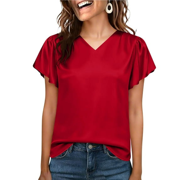 BUIGTTKLOP Women Silk Satin Tops Cap Short Sleeve Blouse V Neck Shirts Business Casual Outfits S-XXL