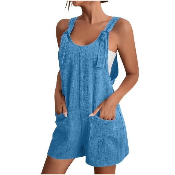 BUIGTTKLOP Women Summer Overalls Shorts Loose Fitted Sleeveless Knot Strap Cotton Short Romper Jumpsuits with Pockets