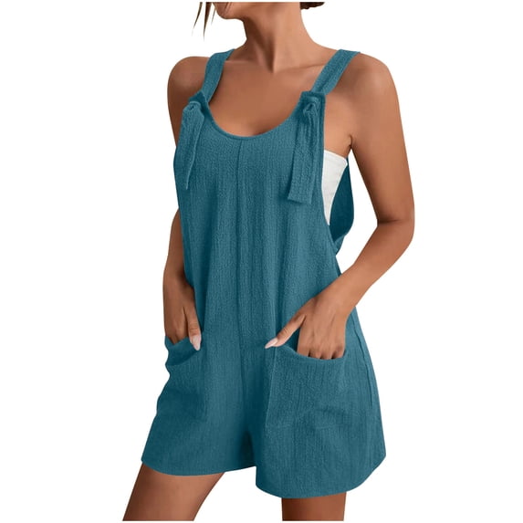 BUIGTTKLOP Women Summer Overalls Shorts Loose Fitted Sleeveless Knot Strap Cotton Short Romper Jumpsuits with Pockets