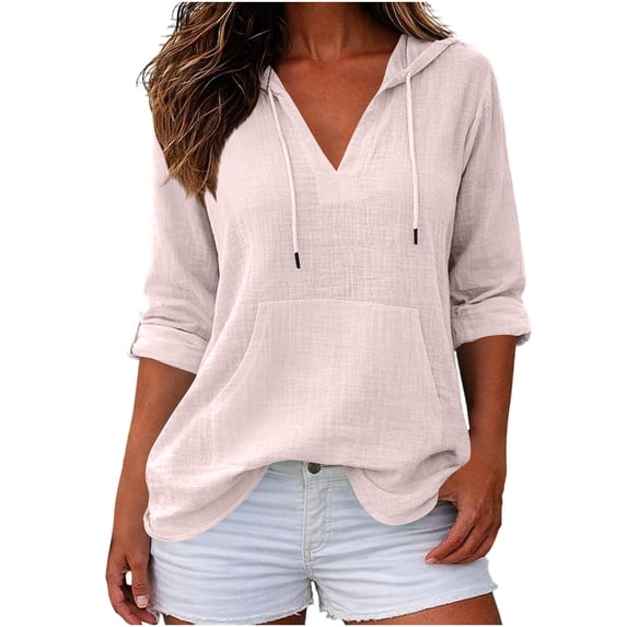 BUIGTTKLOP Women's Beach Cover up Hoodies Sweatshirt Long Sleeve V Neck Hooded Shirt Top with Pockets