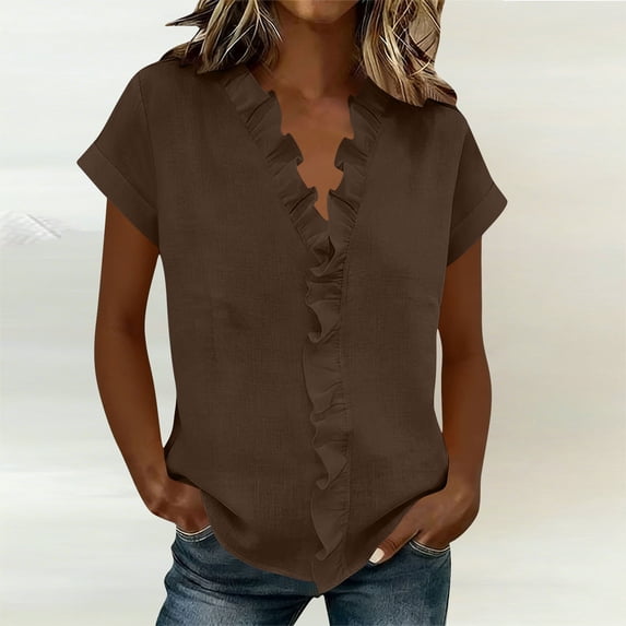 BUIGTTKLOP Women's Blouses Dressy Boho Casual Ruffle Short Sleeve Tops Business Outfits Ladies Summer 2026 Trendy Work Shirts