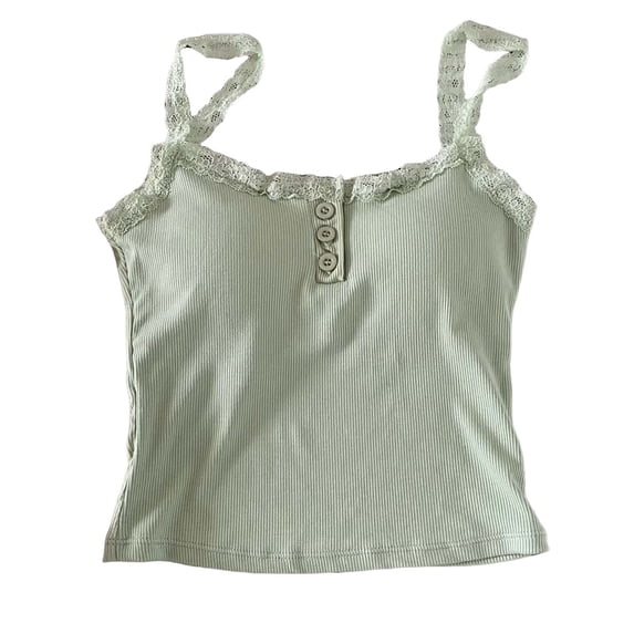 BUIGTTKLOP Women's Cami Crop Top Striped Lace Trim Tank Tops Button Front Spaghetti Strap Camisole Tops