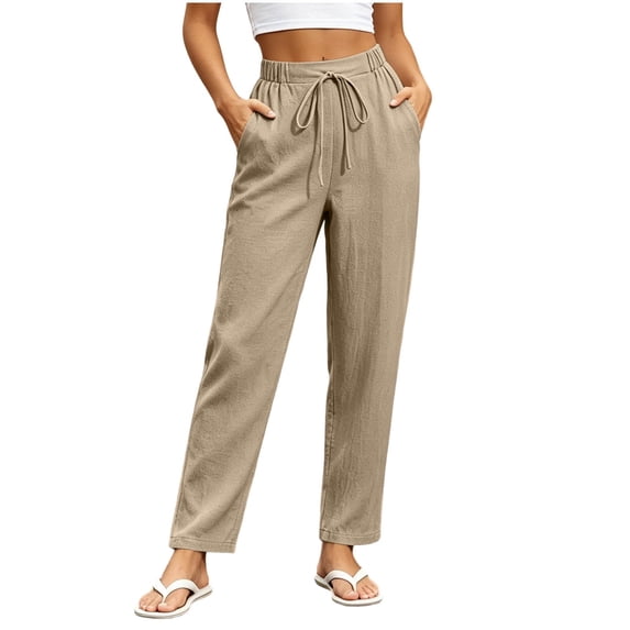 BUIGTTKLOP Women's Casual Cotton Pants Fashion Drawstring Lightweight Summer Straight Leg Lounge Trouser