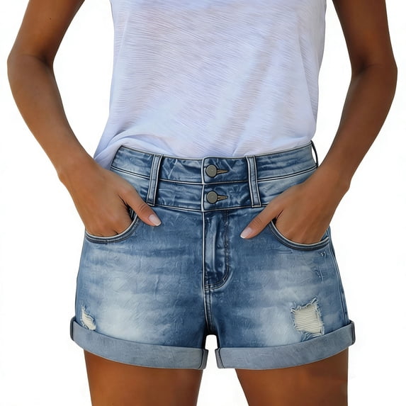 BUIGTTKLOP Women's Denim Shorts Casual Mid Rise Ripped Stretchy Jean Short Pants with Pockets