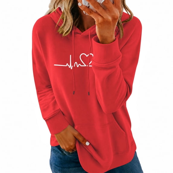 BUIGTTKLOP Women's Graphic Hoodies Heart Print Drawstring Long Sleeve Pocket Sweatshirt Pullover Tops with Pockets