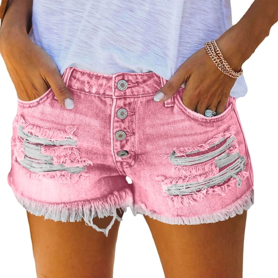 BUIGTTKLOP Women's Ripped Denim Shorts Mid Rise Summer Frayed Hem Jean Shorts with Pockets