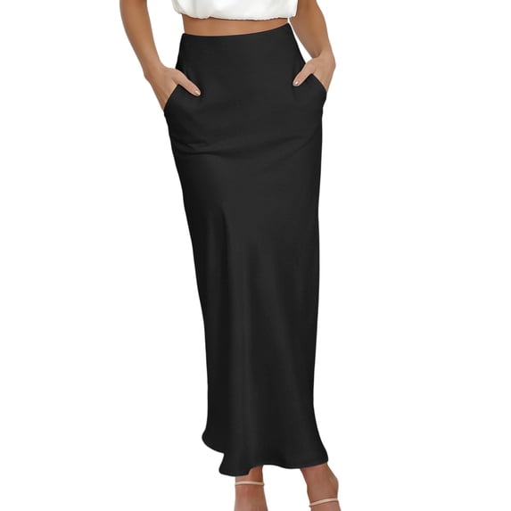 BUIGTTKLOP Women's Satin Midi Skirt Elastic High Waisted A Line Spring Summer Flowy Silk Long Skirts for Women