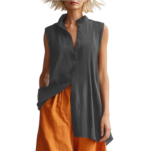 BUIGTTKLOP Women's Sleeveless Button down Shirt Stand Collar Tank Tops ...