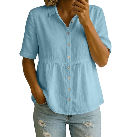 BUIGTTKLOP Women's Cotton Linen Tops Short Sleeve Shirts Button down Shirts Collared Pleated Blouses