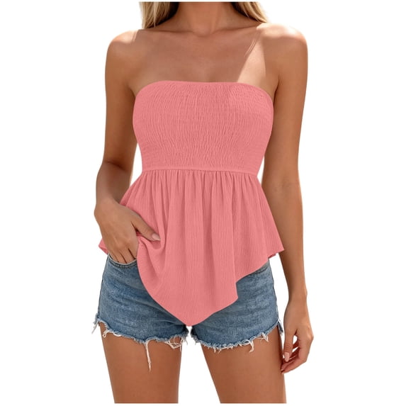 BUIGTTKLOP Women's Strapless Smocked Tube Tops Summer 2026 Trendy Flowy Peplum Bandeau Shirts Going out Date Spring Clothes