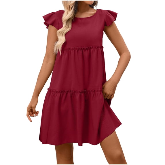 BUIGTTKLOP Women's Summer Dresses Sleeveless Ruffle Sleeve Round Neck Solid Loose Short Flowy Pleated Mini Babydoll Dress