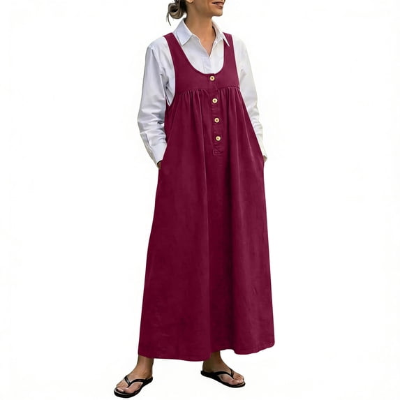 BUIGTTKLOP Women's Summer Overall Dress Sleeveless Scoop Neck A Line Maxi Flowy Casual Sundress with Pockets Vacation Outfits