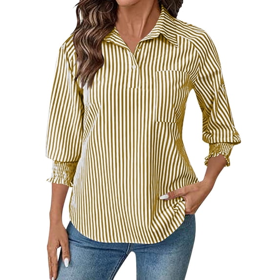 BUIGTTKLOP Womens Button down Shirts 3/4 Sleeve Smocked Cuffed Business Work Tunic Top with Pocket Collared Blouses