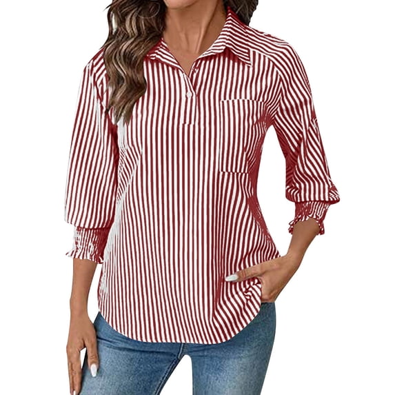 BUIGTTKLOP Womens Button down Shirts 3/4 Sleeve Smocked Cuffed Business Work Tunic Top with Pocket Collared Blouses